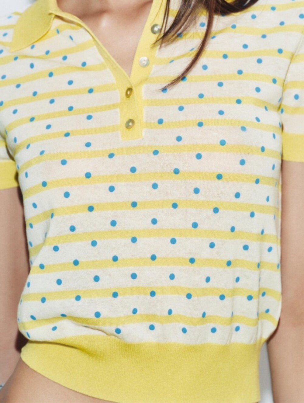 NWT Zara Striped Knit Polka Dot Short-sleeve Cropped Polo Top In Yellow - S